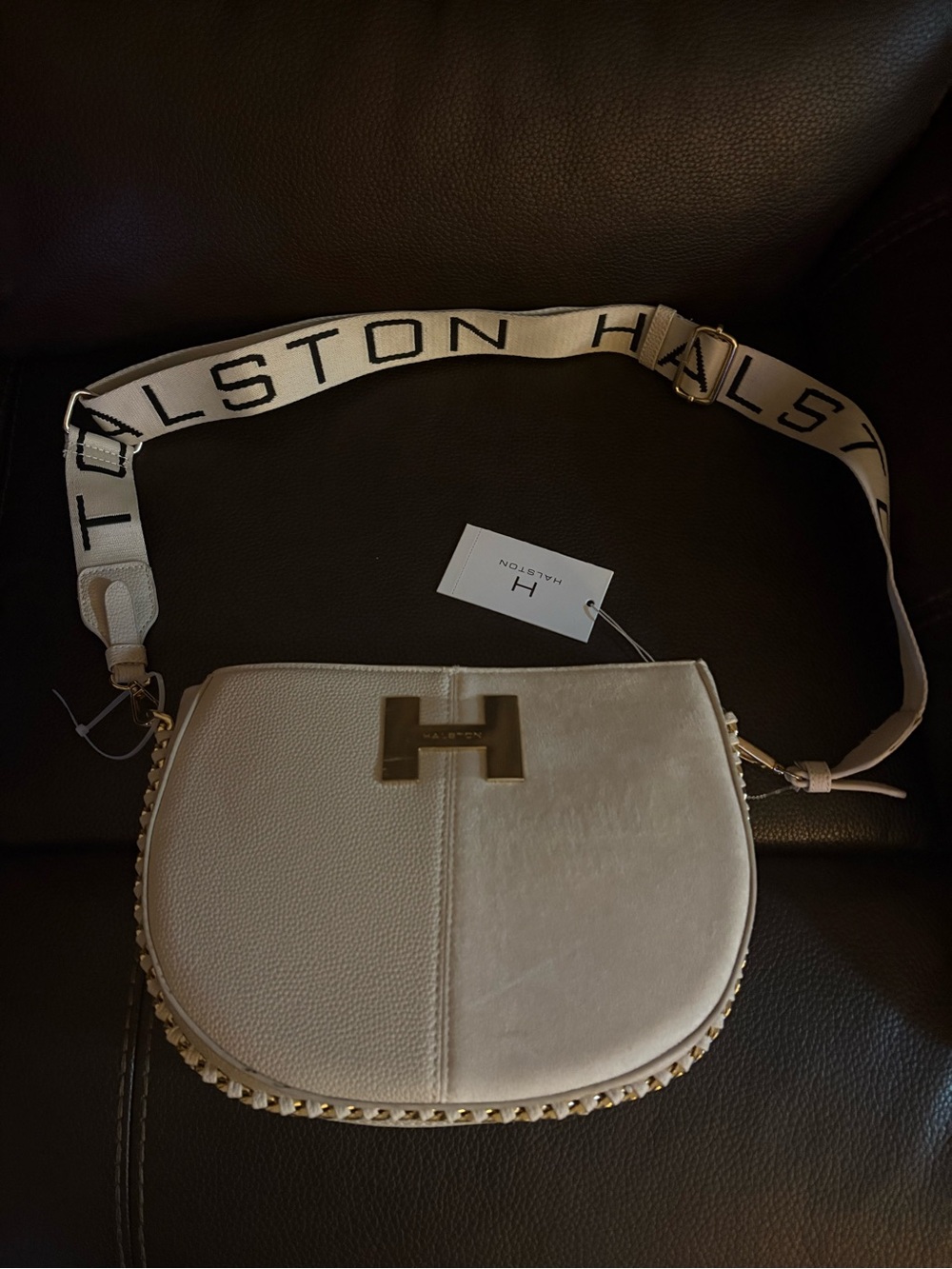 H by Halston Cream Crossbody with Logo Webbing Strap